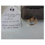 93,   14kt ring, w/14 diamonds, blue saphire or blue stone, 3.5 gr tl/wt