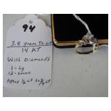 94,   14kt with 1 lg & 1 sml diamond, approx. ½ ct to ¾ ct, 3.8 gr tl/wt