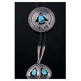 Navajo Signed Sterling Silver Turquoise Bolo Tie