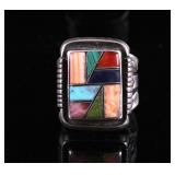 Zuni Signed Sterling Silver Mosaic Inlay Ring