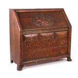 Art Nouveau Nude Carved Oak Drop Front Secretary