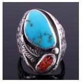 Navajo Sterling Silver Turquoise Coral Ring