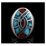 Navajo Sterling Silver Turquoise and Coral Ring