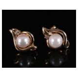 14k Gold, Pearl, and Diamond Earrings