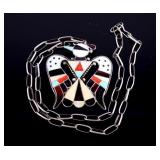 Zuni Mosaic Inlay Thunderbird Silver Necklace
