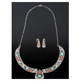 Silver Turquoise & Coral Necklace and Earrings