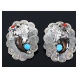 Navajo Silver Turquoise & Coral Bear Claw Earrings