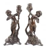 Early Pair of Bronze Cherub Candle Holders