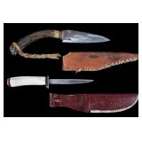 Set of Antler Handle Knives With Leather Sheathes