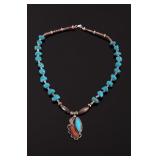 Navajo Sleeping Beauty Turquoise & Coral Necklace