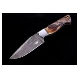 M.T. Knives Rams Horn & Damascus Hammered Knife