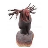 Hand Carved "Wood Gatherer" Stone Statue By Wood