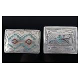 Two Navajo Turquoise & Coral Chip Inlay Buckles