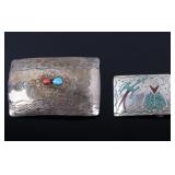 Two Navajo Sterling Turquoise & Coral Belt Buckles