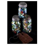 Collection of Marbles in Jars & Marble Pouch