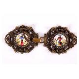 Antique Brass/ Painted Porcelain Cloak Clasp