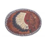 Whip-Stitched Native Man Leather Belt Buckle