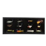 Twelve Early Fishing Lures In Display Case 1960-80