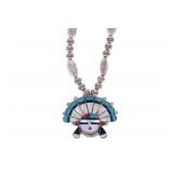 Vintage Zuni Silver Inlay SunFace Pendant Necklace