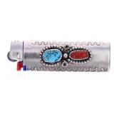Nickel, Red Coral Branch & Turquoise Lighter Cover