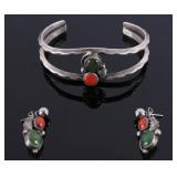 Navajo Silver Red Coral & Jade Earrings & Necklace