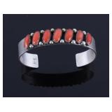 Signed Navajo Sterling Silver Red Coral Bracelet