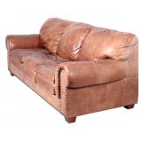 Genuine Leather Sofa w/ Brass Stud Accents