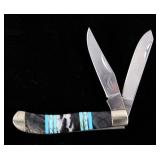 Navajo Turquoise & Agate Inlaid Buffalo Knife