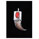 Navajo Sterling Silver Red Coral Bear Claw Pendant