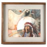 Watercolor Native American Chieftain and Hawk