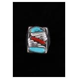 Navajo Sleeping Beauty Turquoise & Red Coral Ring