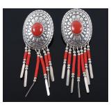 Navajo Sterling & Ox Blood Coral Signed Earrings