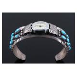 Navajo Sterling & Turquoise Signed Watch Bracelet