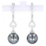 Scarce Black Tahitian Pearl Diamond Earrings