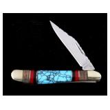 Navajo Turquoise & Coral Inlaid Buffalo Knife