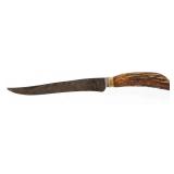 Silver Pewter Inlaid Stag Horn Marked Trade Knife