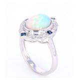 Art Deco Style Opal Sapphire & Diamond 14K Ring