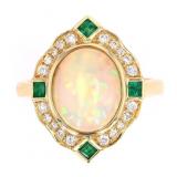 Art Deco Style Opal Emerald & Diamond 14K Ring