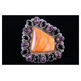 Navajo LARGE Red Spiny Oyster & Onyx Silver Ring