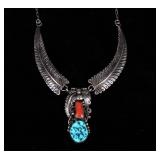 Navajo Sterling Silver Turquoise & Coral Necklace