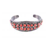Navajo Sterling Silver & Red Coral Bracelet Signed