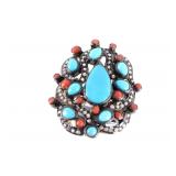 Art Nouveau Turquoise Coral & Diamond Ring