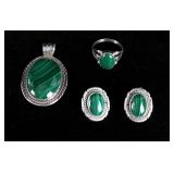 Navajo Sterling & Malachite Pendant, Earring, Ring