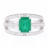 Green Emerald & Diamond Graceful Set Platinum Ring