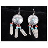 Navajo Silver Turquoise & Ox Blood Coral Earrings