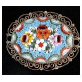 Vintage Micro Mosaic Glass Flower Filigree Brooch