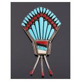 Navajo Sterling Silver Turquoise Coral Fan Brooch