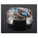 Navajo Sterling, Turquoise, Bear Claw & Coral Cuff