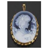 18k Gold & Carved Blue Agate Cameo Brooch