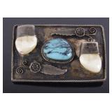 Signed Navajo Elk Ivories & Turquoise Belt Buckle